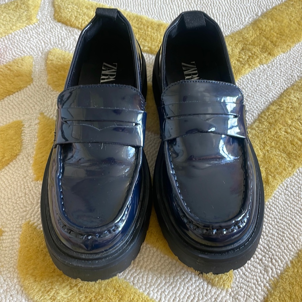 Zara Faux Patent Navy Loafers Size 38